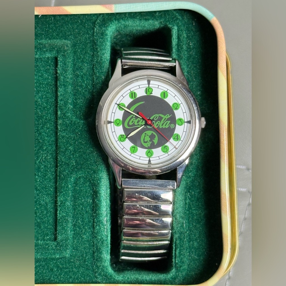 Vintage Coca Cola Silver Watch in Original Tin Box